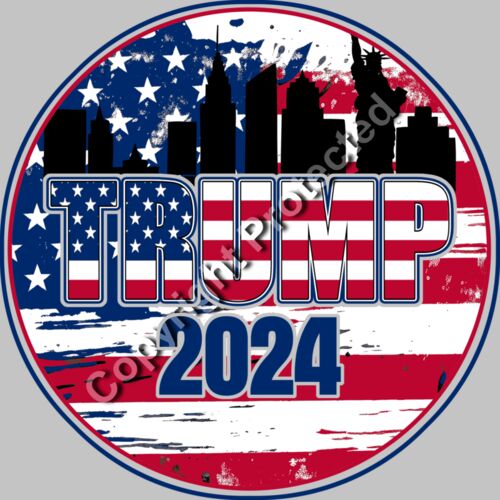 Trump 2024 campaign badge with American flag colors  skyline  and Statue of Liberty silhouette Thumbnail