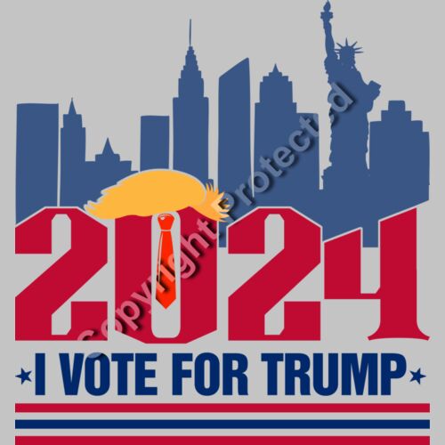 Trump 2024 campaign graphic with skyscrapers and text I VOTE FOR TRUMP in bold colors  Thumbnail